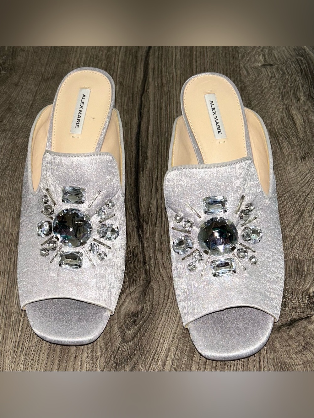 NEW!! Alex Marie Silver Jeweled Slip-On Mules